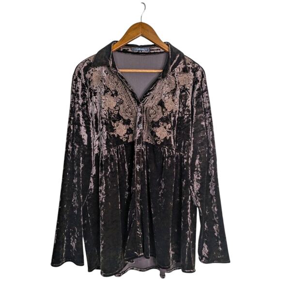 Andree by Unit Velvet Embroidered Floral Tunic Top 1X Brown Button Roll Tab Sl - Picture 2 of 11
